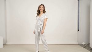 Women’s Striped Cotton JumpsuitS Freesize Small to Semi-Large V-Neck Tie Waist Casual