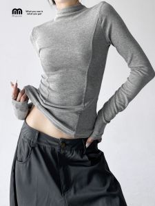 MUYUZI | Semi High Collar Fitted Solid Color T-shirt