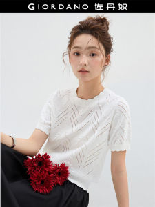 Giordano Designer French Cotton Knitted Hollow out round Neck Short Sleeve Womens T-Shirt Pure Cotton Summer Fashion