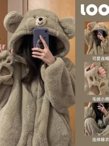 Dày Dặn Coral Lông Cừu Nữ Đồ Ngủ Bộ Quần Áo Gia Đình Họa Tiết Gấu Dài Tay Khóa Kéo Đóng Cửa Có Mũ Màu Nguyên Chất Polyester Sợi
