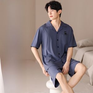 MiiOW | Lightweight Breathable Summer Pajamas Mens Home Clothes Short Sleeve Cotton Blend Ice Silk Comfortable Sleepwear For Youth
