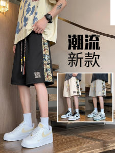 New Chinese Style Summer Shorts Mens Loose Five-Quarter Beachwear Bear Embroidery Fashionable Mid-Waist Straight Leg Trousers