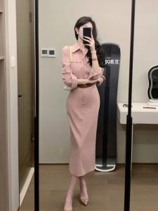 QFN | Pink Work Shirt Style Long Dress Slim Waist Elegant