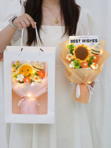 Graduation Yellow Sunflower Imitation Flower Knitted Creative Finished Product Yarn Hook Weaving Small Bee Bouquet Gift Kindergarten