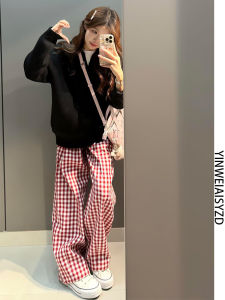 Tall Womens Plaid Wide Leg Casual Pants Red Checkered Loose Fit High Waist Long Length Spring Summer New Style Slimming Effect