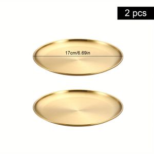 2Pcs/Set Thickened Stainless Steel Golden Round Fruit Plate Cake Plate Bone Tray BBQ Plate Flat Bottom Shallow Tray