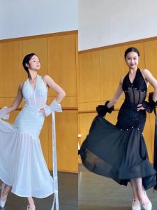 Modern Latin Dance Costume Pearl Flocking Vestibule Performance Skirt with Sash Hanging Neck Sleeveless Fishbone Design