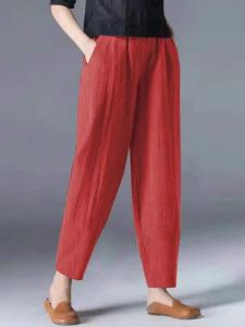 Pure Cotton Linen Casual Pants Womens High Waist Loose Harem Pants Spring Autumn plus Size Slimming Nine Point Pants