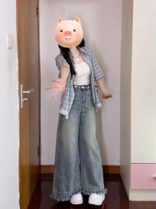 Retro American Tassel High Waist Wide Leg Denim Skirt Women Summer Loose Slimming Drapey Straight Leg Pants Jeans Skirt