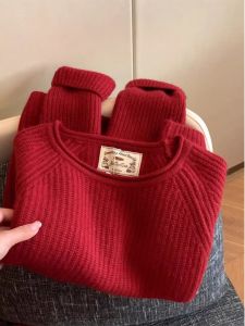 Soft Cozy round Neck Knitted Sweater Womens Style New Year Celebration Red Color Autumn Winter Fashion Korean Loose Fit Top