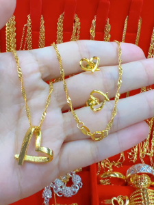 (2pcs) Pure hikaw 18k Saudi Gold pawnable legit necklace 100% original heart pendant earring set womens gift sccessory non tarnished hypoallergenic
