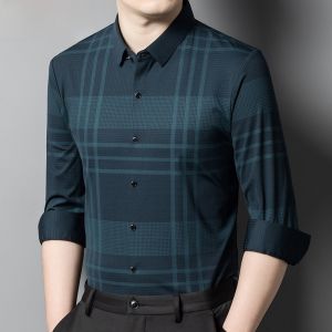 HENGYUANXIANG | Iron-Free Standard Fit Long Sleeve Mens Shirt Casual No-Trace Autumn New Business Dad Clothes Nylon Fabric Commute Style Plaid