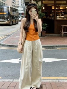 HUOLISI | Sleeveless Halter Neck V-Neck Orange Backless Top