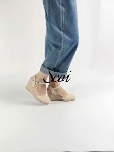 Scoi Flat Platform Peep Wedges Pola Renda Wanita Sepatu Datar Anti Selip