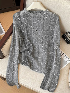 Áo Len Dệt Kim Mềm Mại Thời Trang Rộng Rãi Tay Dài Thiết Kế Viền Sequin Cho Nữ Mùa Xuân Thu Phong Cách Mới