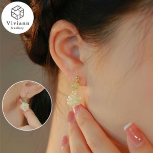 Viviann Original Real Pearl Hetian Jade Earrings Hetian Jade Retro Round Beads Drop Earrings French Wedding Anniversary Jewelry Earring For Women Girls Gold Green Jade Round Earrings for Female