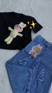 SETELAN KULOT JEANS DAN KAOS CROPTOP BONEKA ANAK