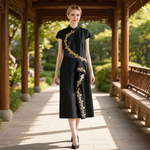 High Custom Hand-Embroidery Sequins Fitted Mandarin Collar Womens Dress