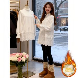Shalldoer | Long Sleeve Lace Trim Plus Fleece T-Shirt loose fit round neck