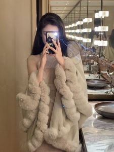 Spring New Light Maturity Lady Style Fur Coat Lazy Open Cardigan Knitted Outerwear Shawl Cowl Neck Mid-Length Sweet Style