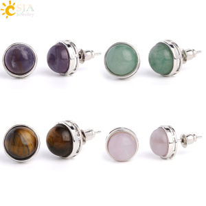 CSJA Natural Gem Stone Round Stud Earrings Pink Quartz Tiger Eye Crystal Silver Color Simple Ear Jewelry for Women Earring G063