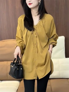 QINGNAER | Mustard Yellow Ruffled V-neck Bow Tie Lantern Sleeve Casual Oversized Womens Shirt XL