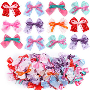 20pcs/lot Polyester Printed Dot Satin Ribbon Bows Colored Double-layer Charm Bow Flower For DIY Headwear Garment Decoration