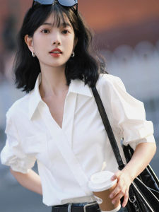 YAOMUHUA | Elegant Unique White V-Neck Shirt 5/8 Sleeve Blouse for Women