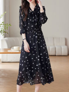 plus Size Womens V-Neck French Style Floral Chiffon Dress Long Black Print Casual High Waist A-Line Skirt Autumn Winter Dress