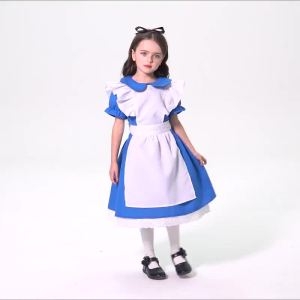 New Dark Blue Girls Costume Halloween Princess Dress Performance Wear Alice in Wonderland Maid Costume
