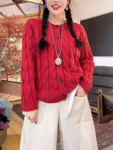 QINGNAER | Large Size Loose Red Cable Knit Sweater