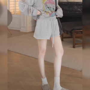 BINKAFENNY | กางเกงขายาวทรงตรงเอวยางยืดสีเทาสำหรับผู้หญิง กางเกงขายาวทรงหลวมสไตล์เกาหลีสำหรับฤดูร้อน ทรงเข้ารูป เอวยางยืด ความยาวสั้น