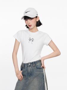 American Style Grey Butterfly Knot Short Sleeve T-Shirt Women Summer Slim Fit Cute Short Top Commute Simple Style Pure E-commerce