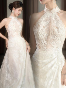 Elegant White Lace Bridal Dress Neck Hanging Style Travel Photography Wedding Gown for Women Fashionable mid Waist Long Skirt