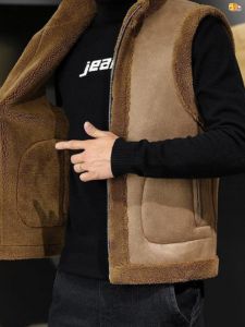 Land Travel Nam Mới Lót Lông Cừu Dày Áo Vest Thời Trang Mùa Đông Ấm Áp Áo Khoác Da Có Dây Kéo Cổ Áo Đứng Và Túi Khe Bên Hông