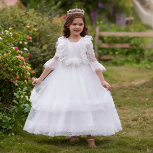 Long White Bridesmaid Dresses For Girls Children Costume Lace Sleeve Princess Party Dress Flower Girl Wedding Evening Vestidos