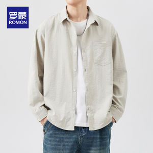 ROMON | Áo sơ mi nam tay dài thường ngày mùa thu mới rộng rãi chống nhăn chống nhăn không cần ủi áo sơ mi thường ngày màu trơn