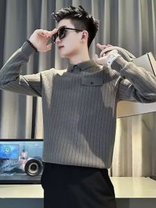 Mens Knitted Long Sleeve Polo Shirt Base Layer T-Shirt Striped Design Fashionable Autumn Winter New Style Slim Fit Casual Wear