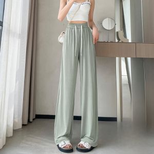 YAMIANNV | High Waist Wide Leg Pants Womens Loose Slimming Casual Pants Thin Cool Straight Leg Summer Ice Silk Lightweight Trousers
