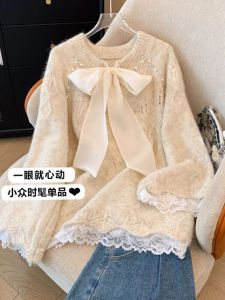 Áo Len Dệt Kim Cổ Tròn Dài Tay Mùa Đông Cỡ Lớn Có Ren Kết Nơ Lớn Áo Len Nữ Phong Cách Đường Phố Thường Ngày Màu Trơn