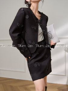 PlumJan | Bộ Đầm Suit Họa Tiết Hoa 3D Tweed Màu Đen