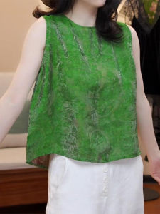 Shalldoer | Elegant Green Sleeveless Chinese Style Embroidered Vest For Women Summer 2025 Fashionable Casual Loose Fit Round Neck Top