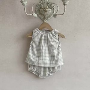 2026 New Summer Baby Clothes Set 6-24M Cute Grid Toddler Girls Sleeveless Top+Bloomer Minimalist Loose Infant Outfit 2PCS
