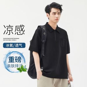 Summer New Mens Polo Shirt Half Zipper Casual Loose Fit Turn-down Collar Short Sleeve T-shirt Cool Sensation Cotton Youth Fashion