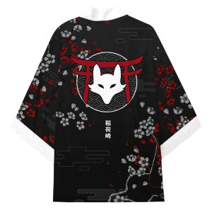 Men Japanese Style Fox Mask Kimono Cardigan Red Black Sakura Print Open Front Three Quarter Sleeve Loose Women Haori Streetwear