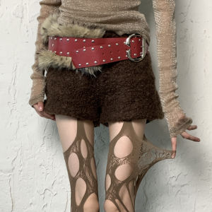 Bokior Y2K Subculture Red Irregular Hole Motorcycle High Street Hot Pole Long Tube Socks Womens Personality Ultra Thin Autumn