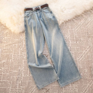 High Waist Wide Leg Jeans Womens Autumn Winter Fleece Straight Cut Denim Pants Casual Loose Fit Small Size Friendly
