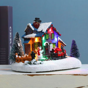 [Easybuy88] Christmas Village House With LED Light Resin Collectable Christmas Scene Village Houses Figurine Ornaments Decoration Gifts