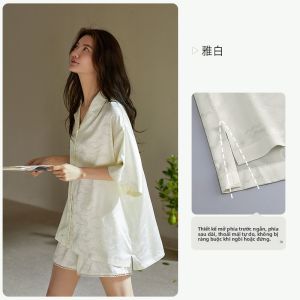 yuenei | Bộ đồ ngủ lụa băng mùa hè cho nữ Bộ đồ ngủ lụa ngắn tay quần short mặc ở nhà thoải mái thoáng khí có thể mặc ngoài trời