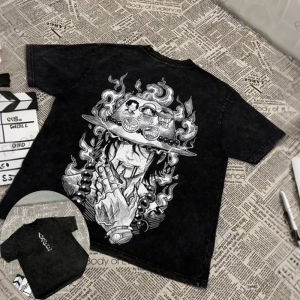 Bandai | One Piece Mens and Womens Washed T-Shirt Portgas D. Ace Summer and Spring Y2k Anime Cotton Tee Retro Distressed Short Sleeve